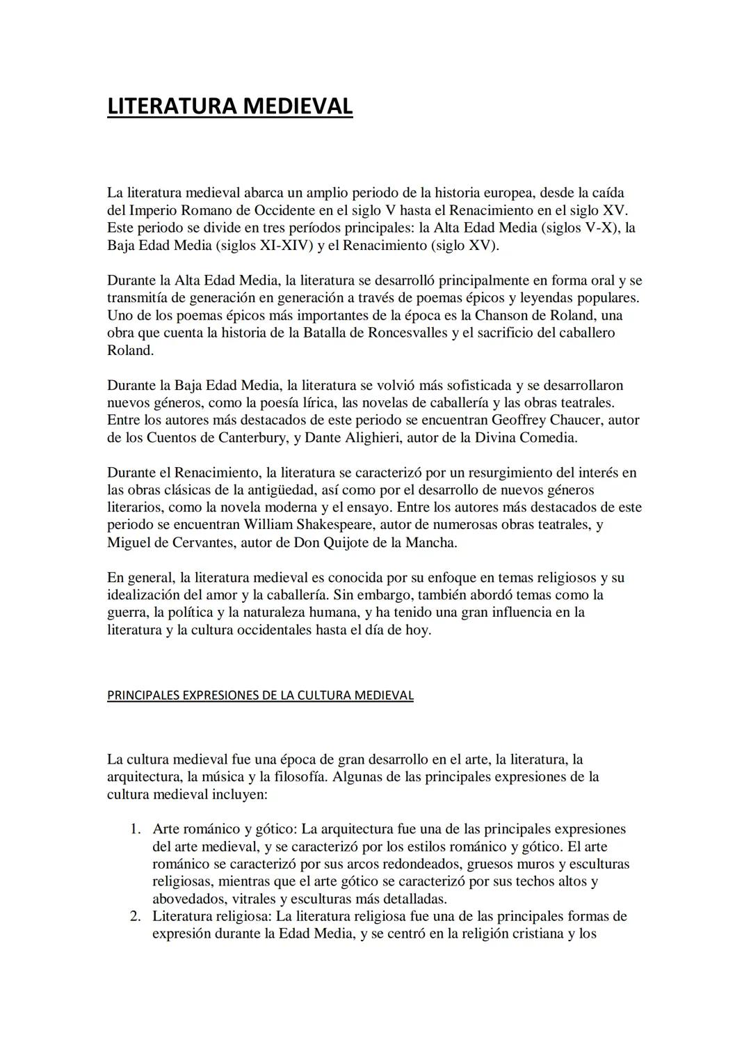 LITERATURA MEDIEVAL
La literatura medieval abarca un amplio periodo de la historia europea, desde la caída
del Imperio Romano de Occidente e
