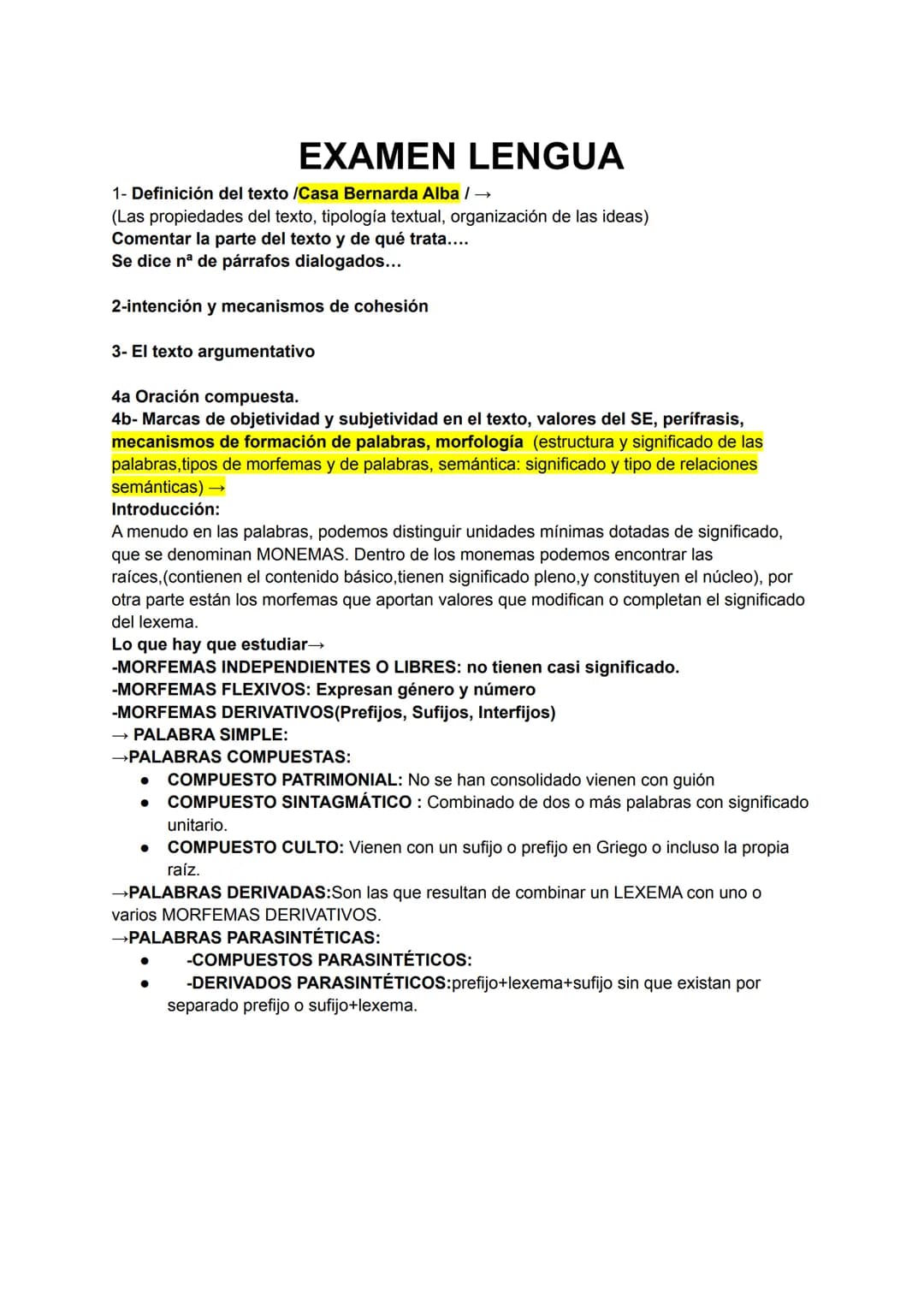 EXAMEN LENGUA
1- Definición del texto /Casa Bernarda Alba / →
(Las propiedades del texto, tipología textual, organización de las ideas)
Come
