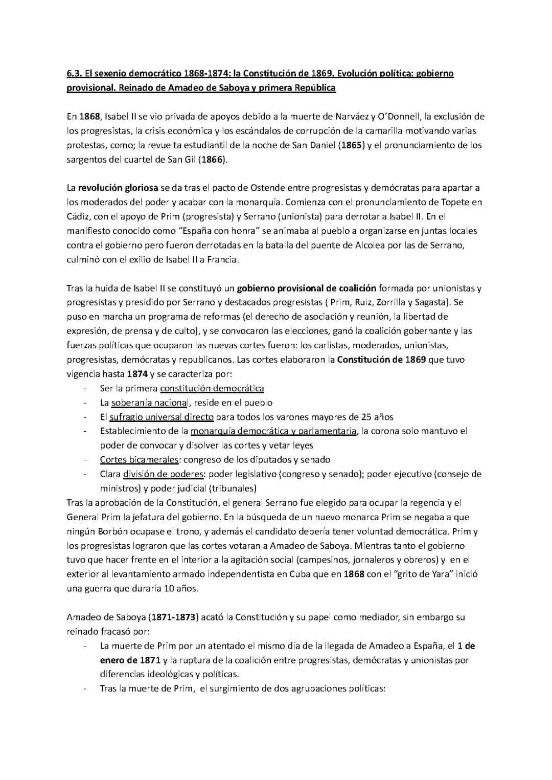 Resumen del Sexenio Democrático (1868-1874) y la Constitución de 1869: De la Revolución Gloriosa al Reinado de Amadeo de Saboya