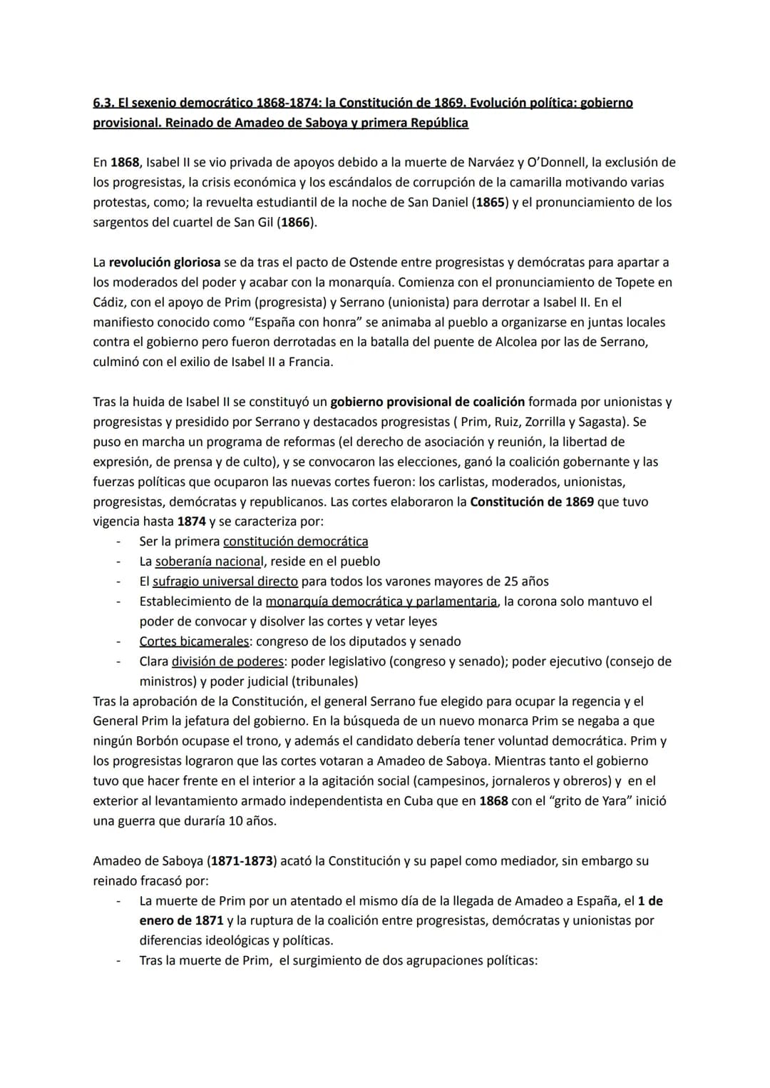 6.3. El sexenio democrático 1868-1874: la Constitución de 1869. Evolución política: gobierno
provisional. Reinado de Amadeo de Saboya y prim