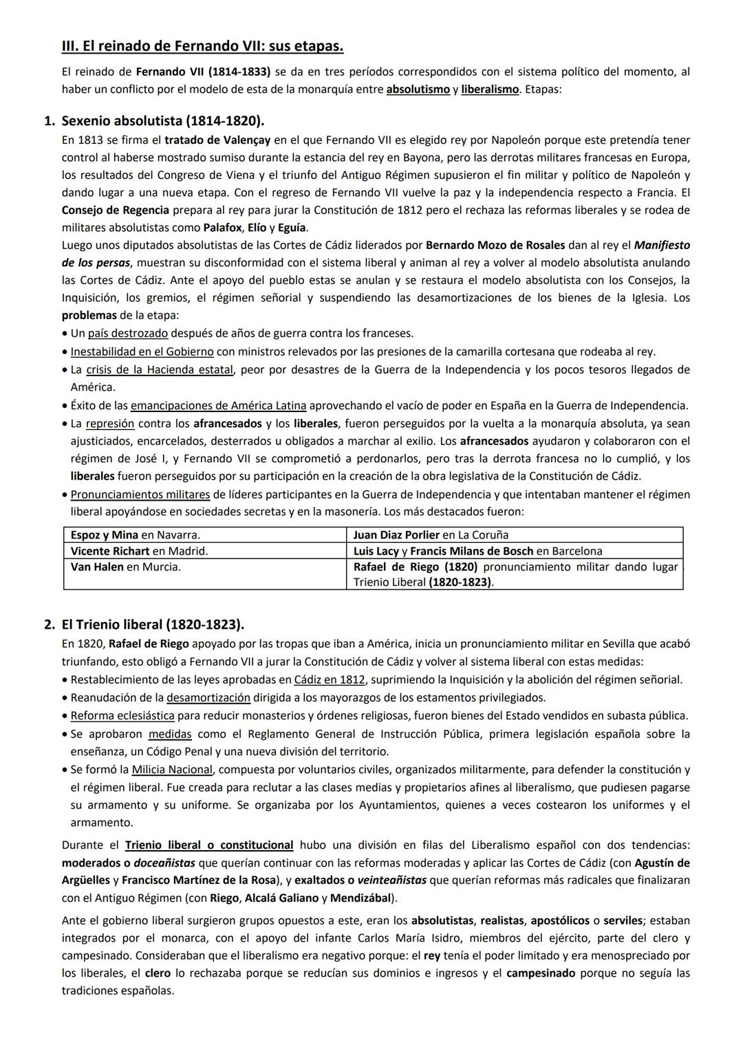 ### III. El reinado de Fernando VII: sus etapas.

El reinado de Fernando VII (1814-1833) se da en tres períodos correspondidos con el sistem