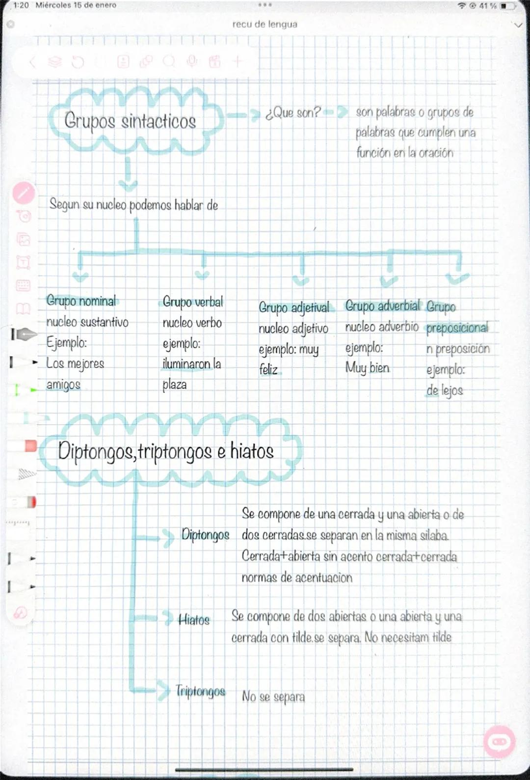 I
1:20 Miércoles 15 de enero
recu de lengua
25
A
6+
Grupos sintacticos
Segun su nucleo podemos hablar de
¿Que son?
son palabras o grupos de
