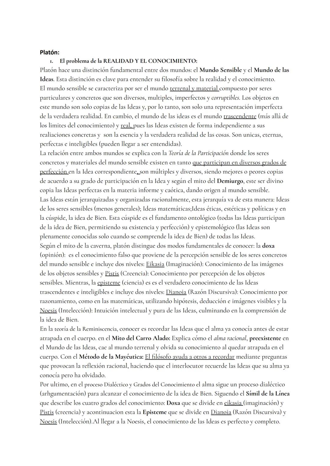 Platón:
I. El problema de la REALIDAD Y EL CONOCIMIENTO:
Platón hace una distinción fundamental entre dos mundos: el Mundo Sensible y el Mun