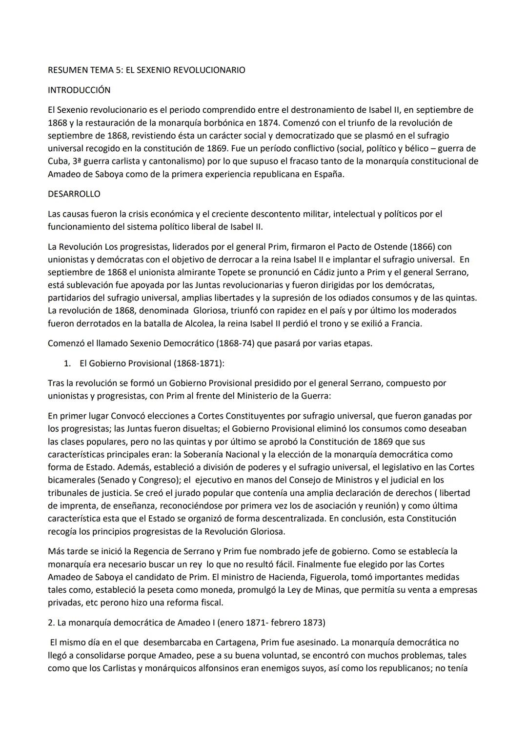 RESUMEN TEMA 5: EL SEXENIO REVOLUCIONARIO
INTRODUCCIÓN
El Sexenio revolucionario es el periodo comprendido entre el destronamiento de Isabel