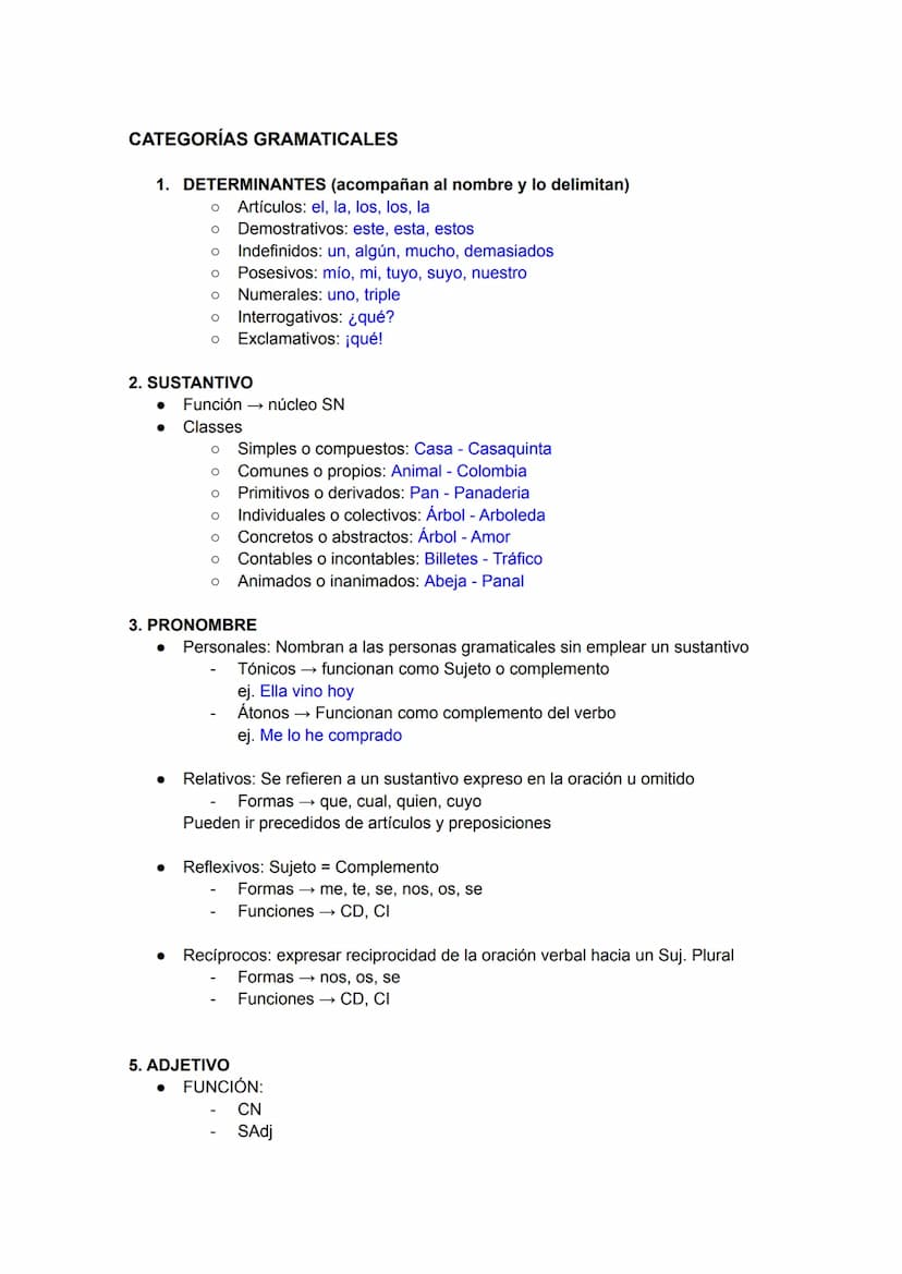 CATEGORÍAS GRAMATICALES
1. DETERMINANTES (acompañan al nombre y lo delimitan)
O Artículos: el, la, los, los, la
O
Demostrativos: este, esta,