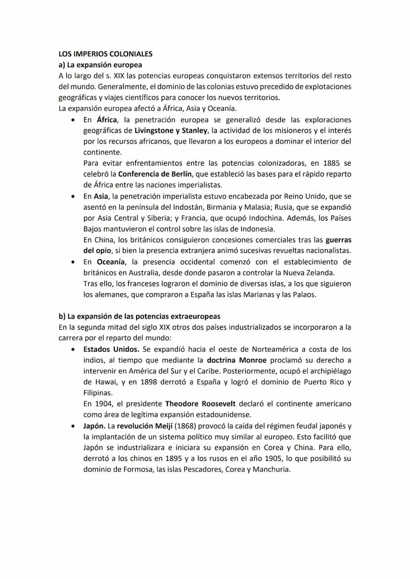 Se entiende como imperialismo el dominio de unos territorios económicamente más
desarrollados (metrópolis) sobre otros menos desarrollados y