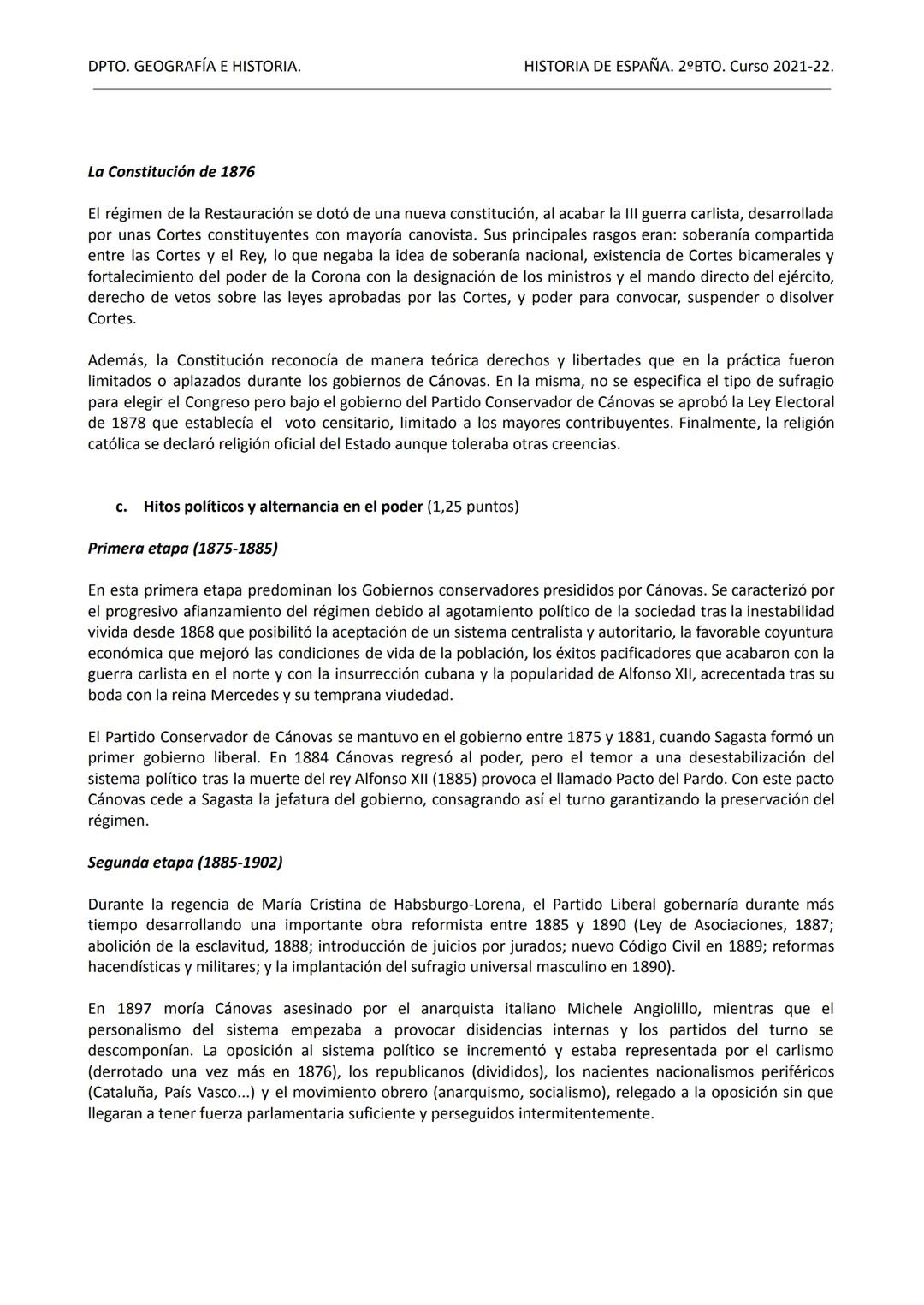 DPTO. GEOGRAFÍA E HISTORIA.
TEMA 4
HISTORIA DE ESPAÑA. 2ºBTO. Curso 2021-22.
LA RESTAURACIÓN BORBÓNICA.
IMPLANTACIÓN Y AFIANZAMIENTO DE UN N