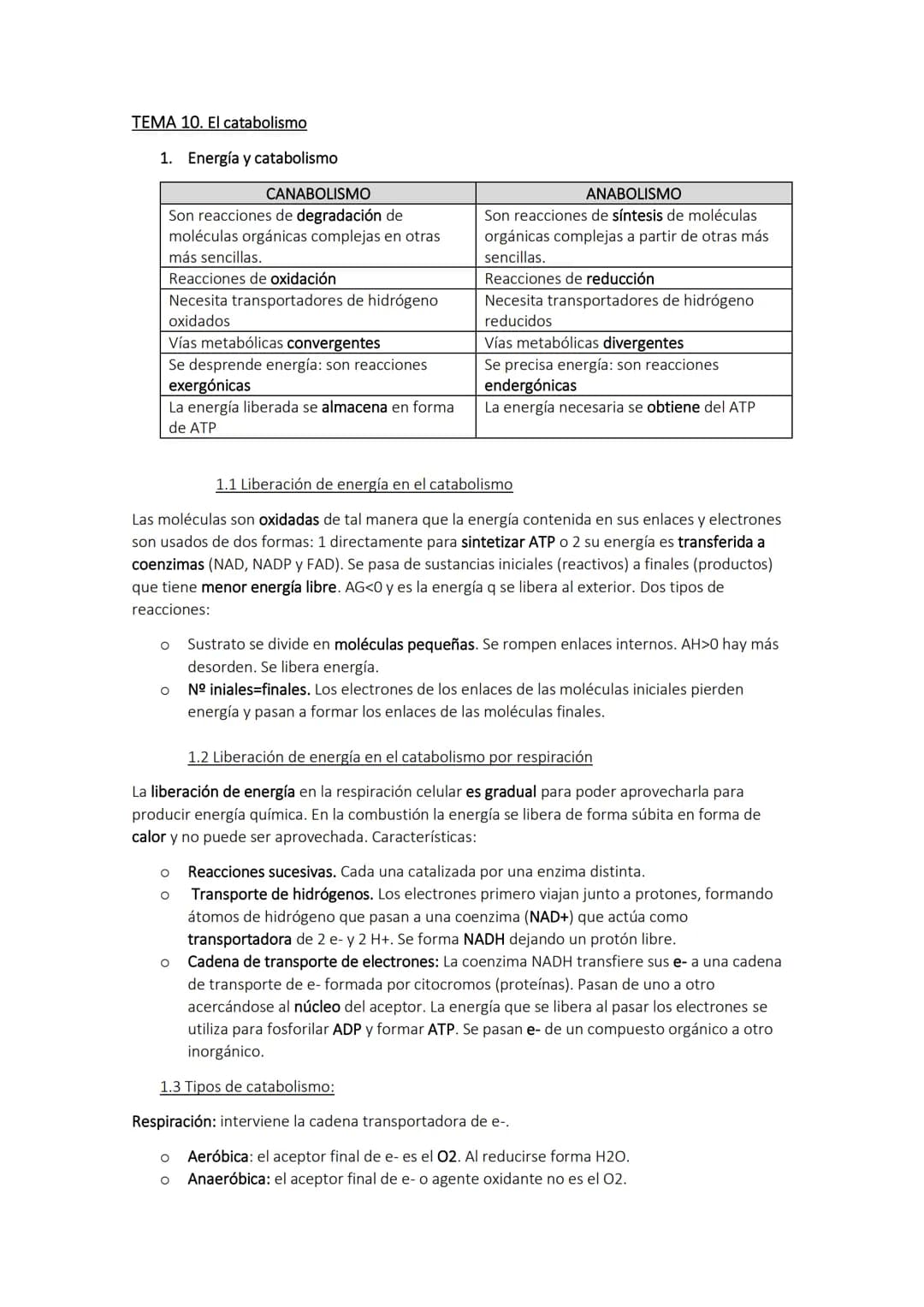 TEMA 10. El catabolismo
1. Energía y catabolismo
CANABOLISMO
Son reacciones de degradación de
moléculas orgánicas complejas en otras
más sen