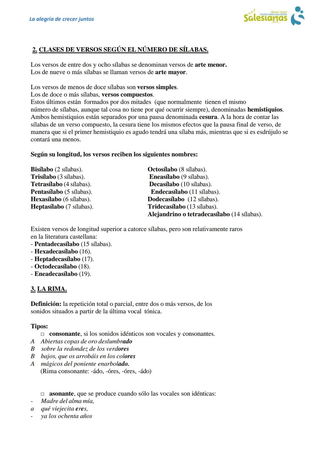 La alegria de crecer juntos
Salesianas

MÉTRICA ESPAÑOLA

1. ¿CÓMO SE MIDEN LOS VERSOS?

Se debe contar el número de sílabas que tiene cada 