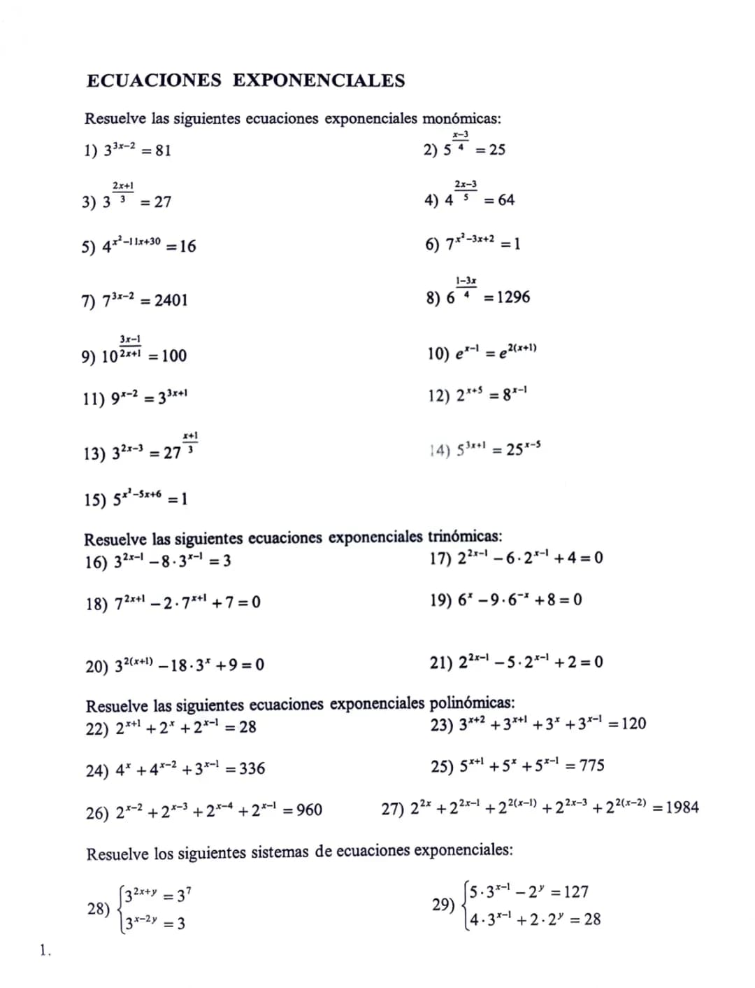 Ficha Ecuaciones Exponenciales, La Mitad Resueltas - Matemáticas 