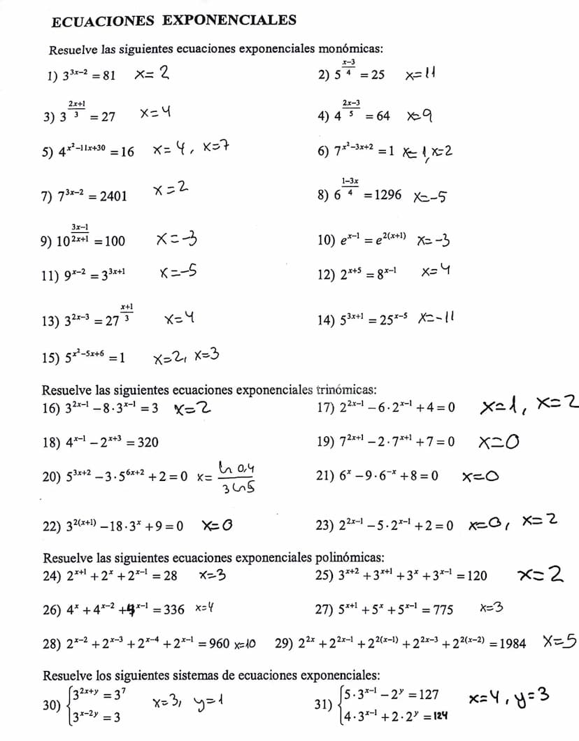 1.
ECUACIONES EXPONENCIALES
Resuelve las siguientes ecuaciones exponenciales monómicas:
x-3
1) 33x-2 = 81
2) 5 4 = 25
2x+1
3) 33 = 27
5) 4x²