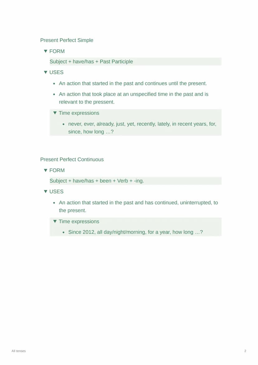 All tenses
All tenses
Present Simple
▼ FORM
Subject + Verb (base form) + -s (third person in singular).
▼ USES
• Daily routines.
. General t