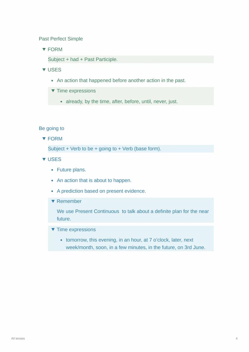 All tenses
All tenses
Present Simple
▼ FORM
Subject + Verb (base form) + -s (third person in singular).
▼ USES
• Daily routines.
. General t