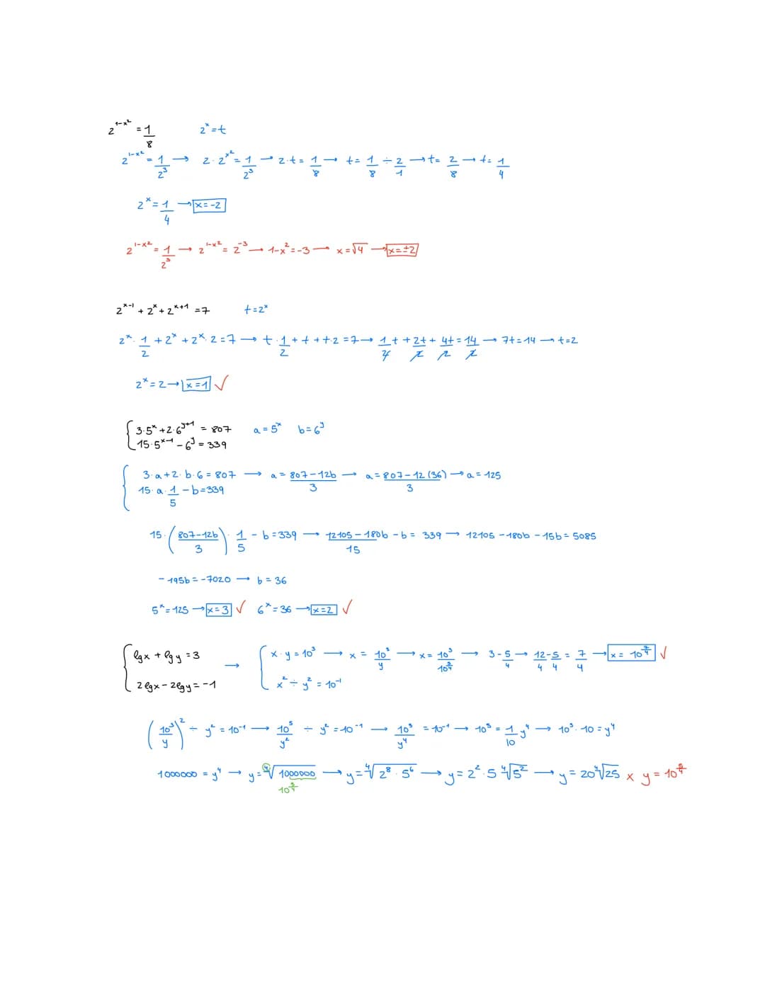 1.- Resuelve en las ecuaciones exponenciales y comprueba los resultados:
1) 5²x-1=25*²-
7) 2x-1+2x2+2x-³ +2×4 =960
2) 4x+¹+2x+3-320=0
8) 3* 
