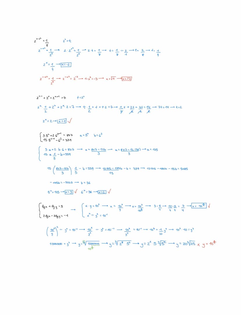 1.- Resuelve en las ecuaciones exponenciales y comprueba los resultados:
1) 5²x-1=25*²-
7) 2x-1+2x2+2x-³ +2×4 =960
2) 4x+¹+2x+3-320=0
8) 3* 
