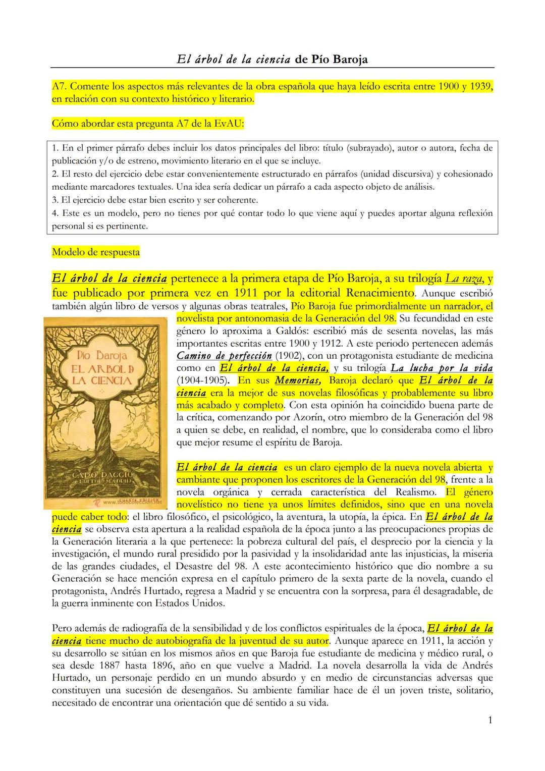 # El árbol de la ciencia de Pío Baroja

A7. Comente los aspectos más relevantes de la obra española que haya leído escrita entre 1900 y 1939