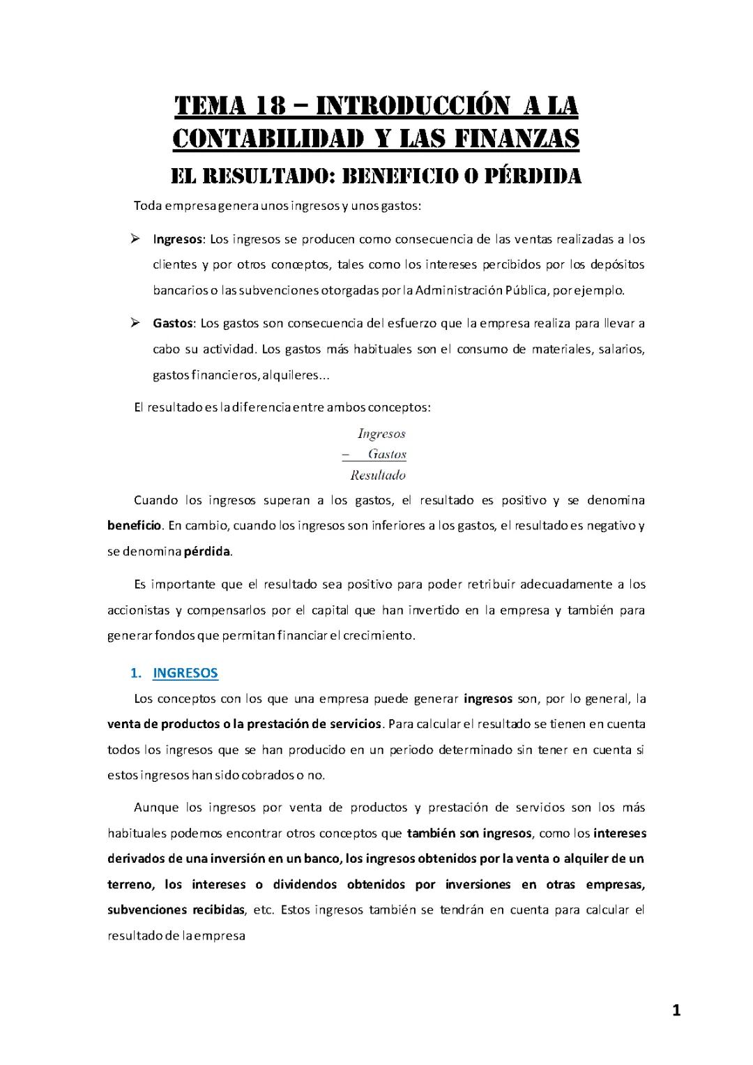 Introducción a la contabilidad y finanzas. Tema 18