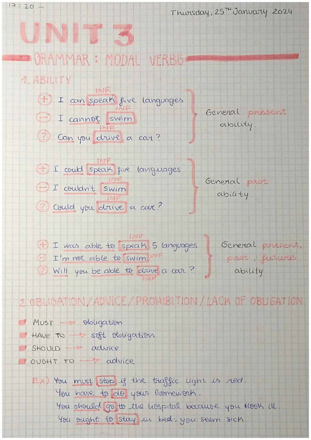 17:20-
Thursday, 25th January 2024
# UNIT 3
GRAMMAR MODAL VERBS

1. ABILITY
INF
+ I can speak five languages.
INF
- I cannot swim
INF
? Can 