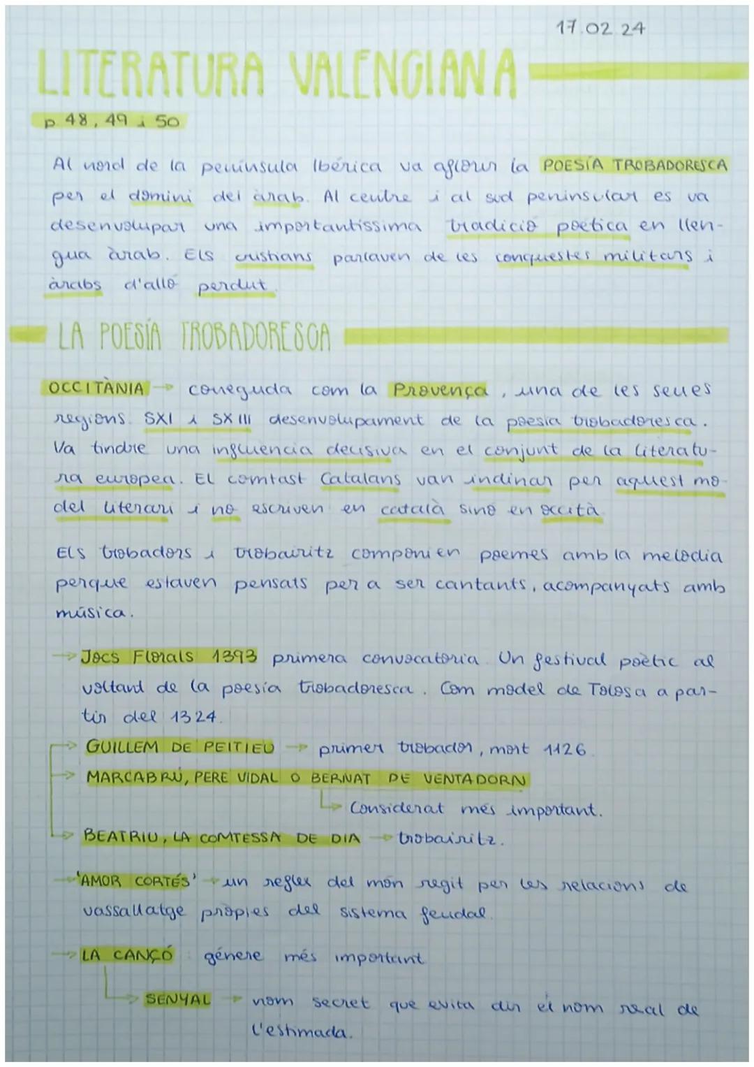 17.02 24

LITERATURA VALENCIAN A
p. 48, 49 50

Al nord de la península Ibérica va afiorer la POESÍA TROBADORESCA
per el domini dei arab. Al 