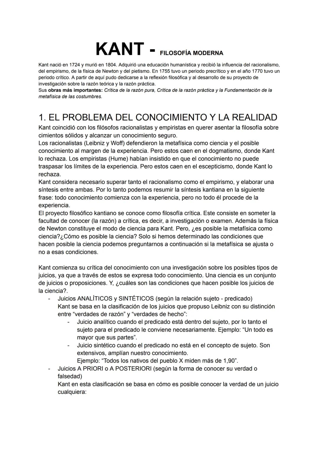 KANT
FILOSOFÍA MODERNA
Kant nació en 1724 y murió en 1804. Adquirió una educación humanística y recibió la influencia del racionalismo,
del 