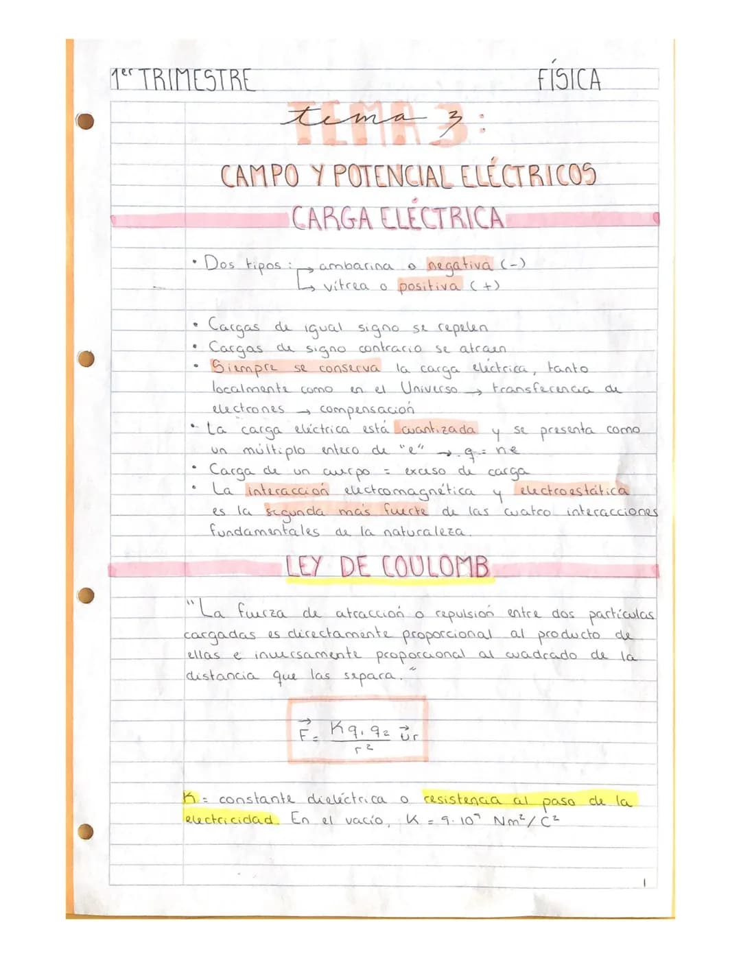 1r TRIMESTRE
• Dos tipos :
B
e
•
tema 3:
CAMPO Y POTENCIAL ELÉCTRICOS
CARGA ELÉCTRICA
6
ambarina.
negativa (
vitrea o positiva (+)
Cargas de