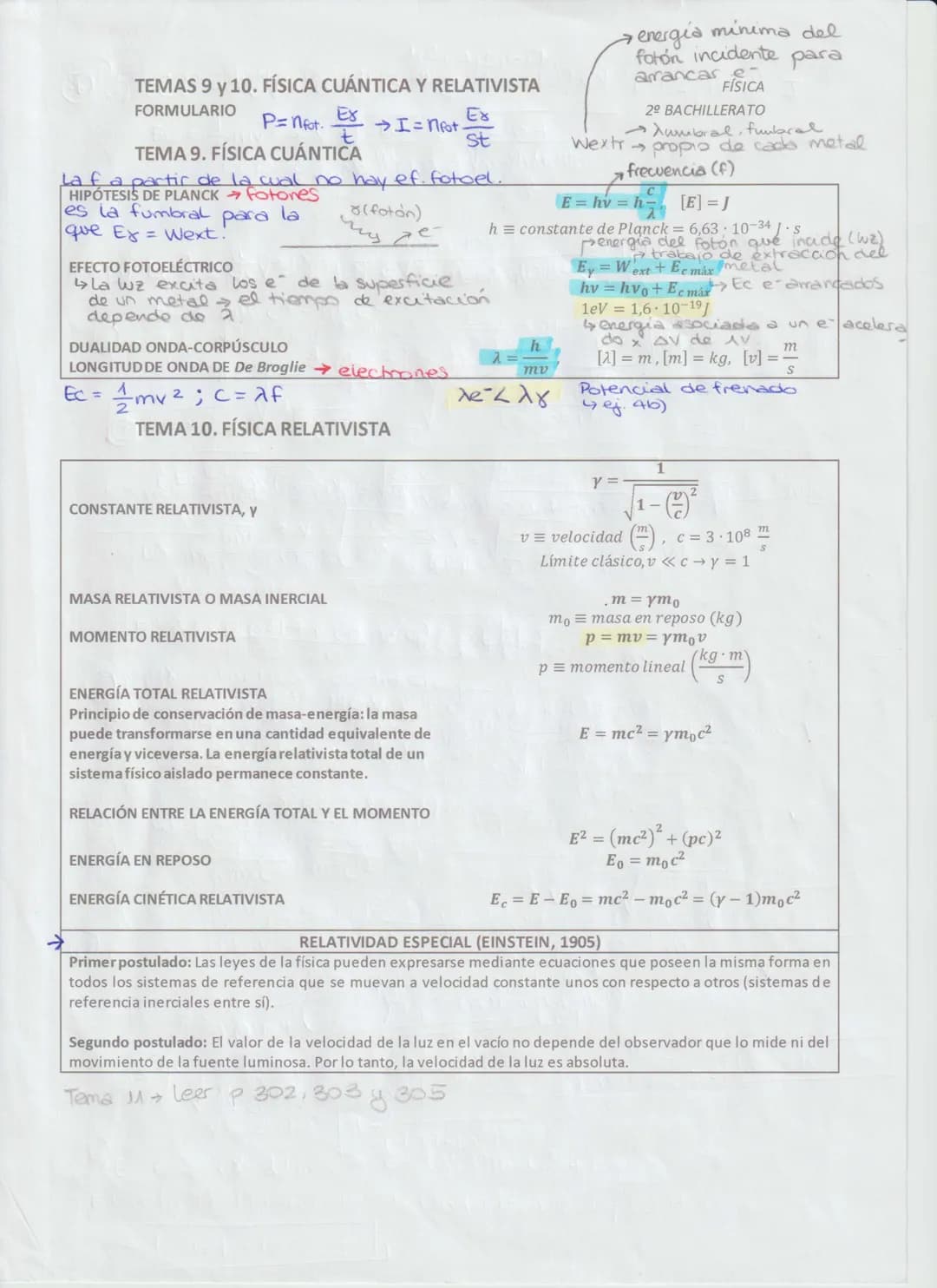 TEMAS 9 y 10. FÍSICA CUÁNTICA Y RELATIVISTA
FORMULARIO
P=Nfot. $\frac{Ex}{t}$ I=Nfot $\frac{Ex}{St}$
TEMA 9. FÍSICA CUÁNTICA
La f a partir d