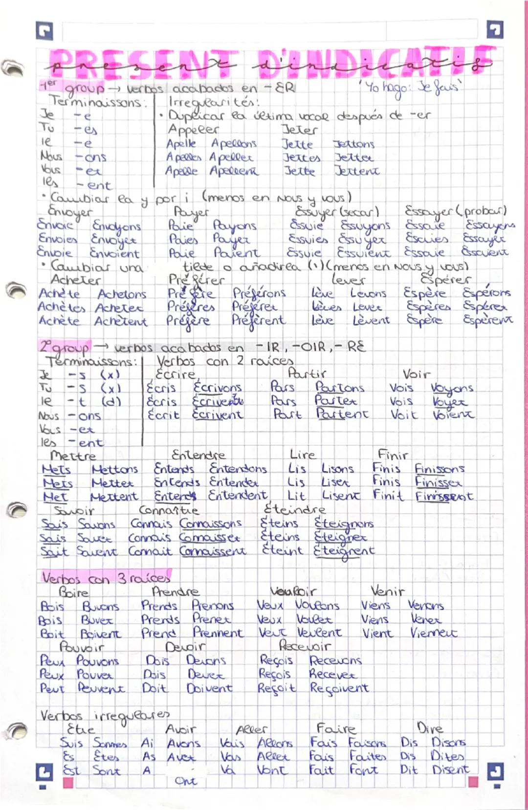 # PRESENT D'INDICATIF

1er group → verbos acabados en -ER

Terminaissons:

Je -e

Tu -es

le -e

Nous-ons

les -ex

-ent

"Yo hago: Je fais"