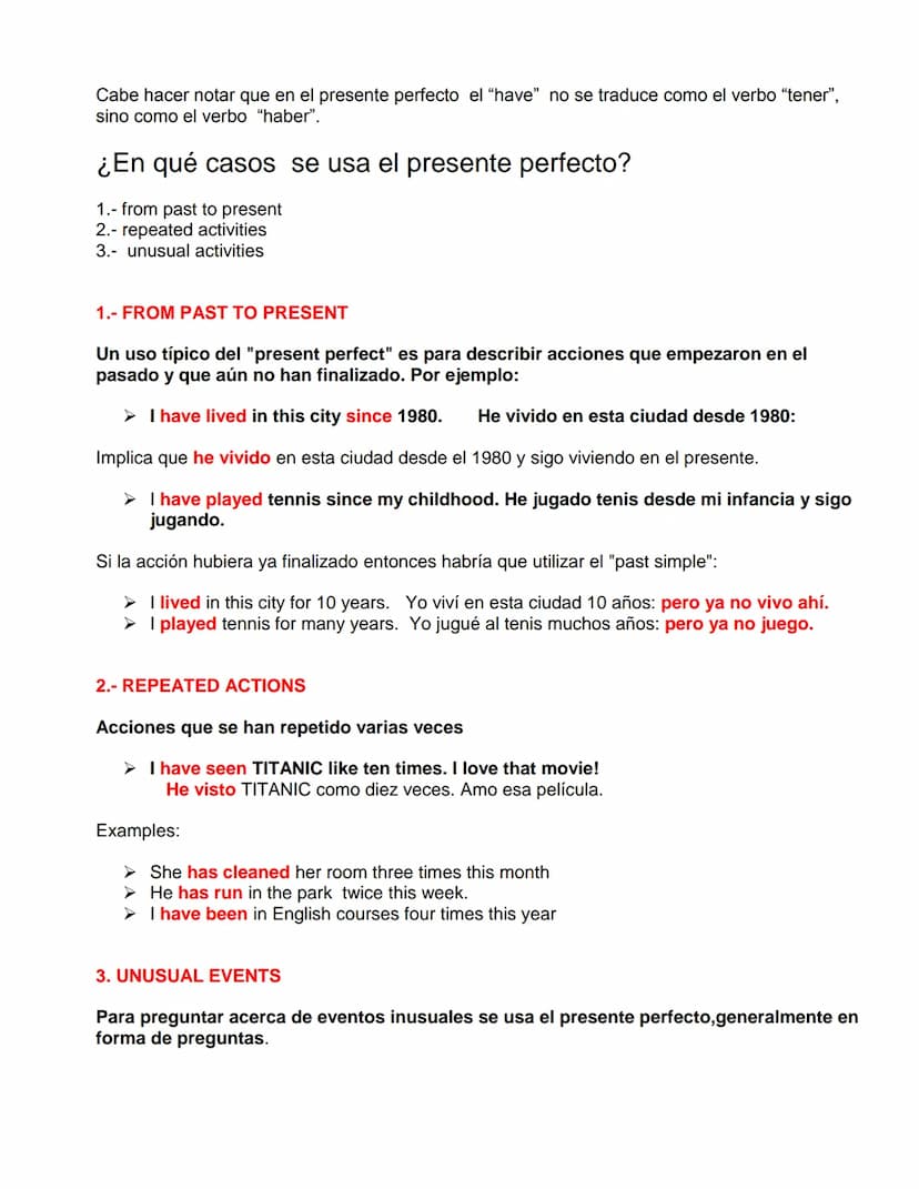 Un componente esencial del presente perfecto son los verbos en participio pasado. Los
cuales traducidos al español, terminan en: "ado", "ido