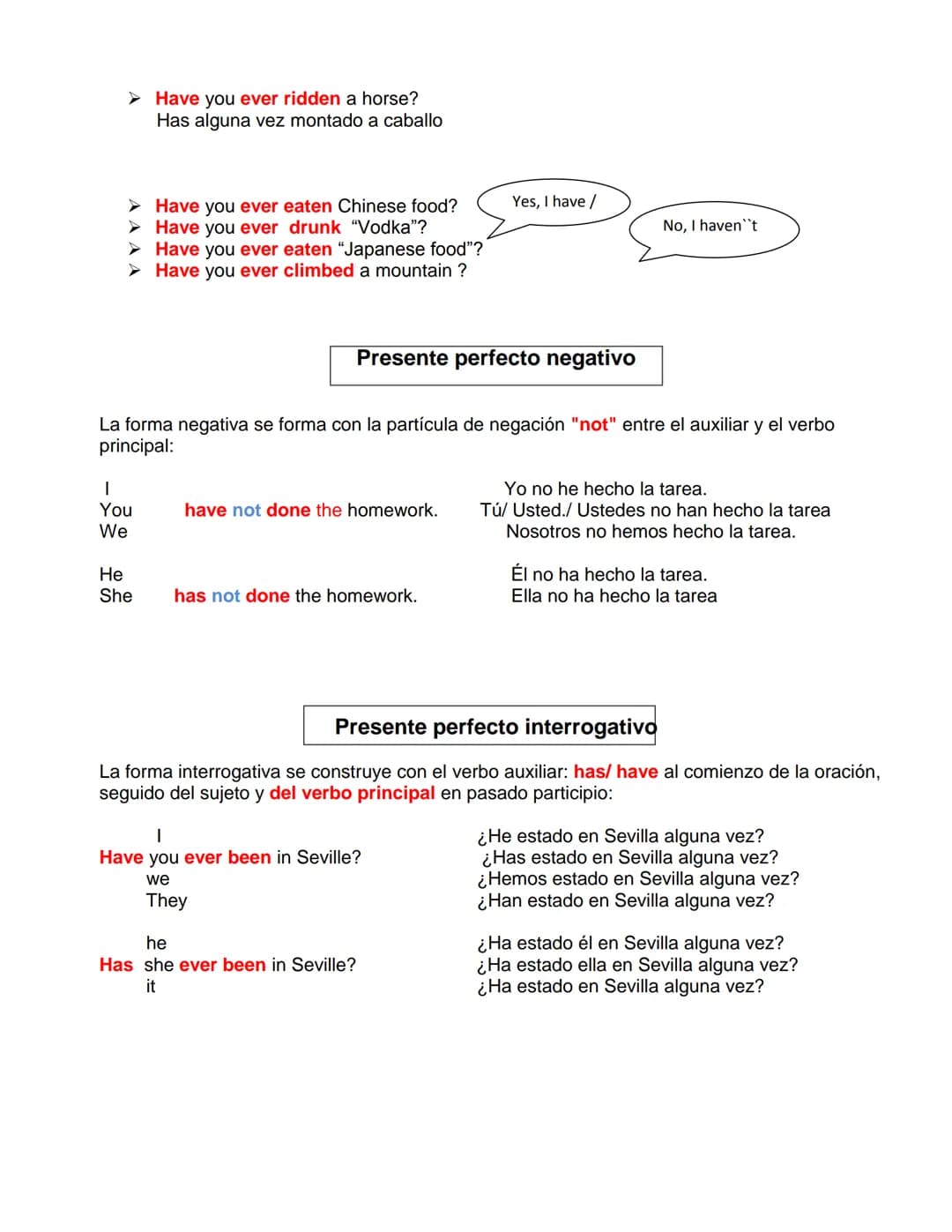 Un componente esencial del presente perfecto son los verbos en participio pasado. Los
cuales traducidos al español, terminan en: "ado", "ido