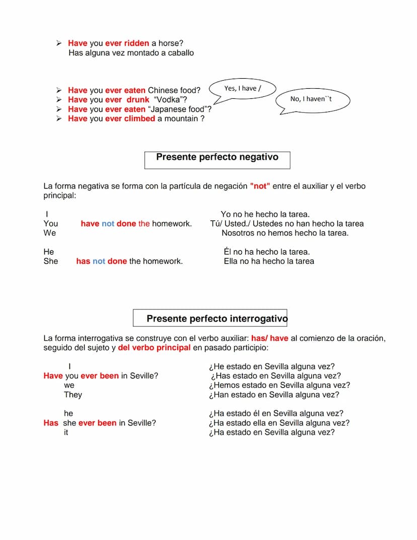 Un componente esencial del presente perfecto son los verbos en participio pasado. Los
cuales traducidos al español, terminan en: "ado", "ido