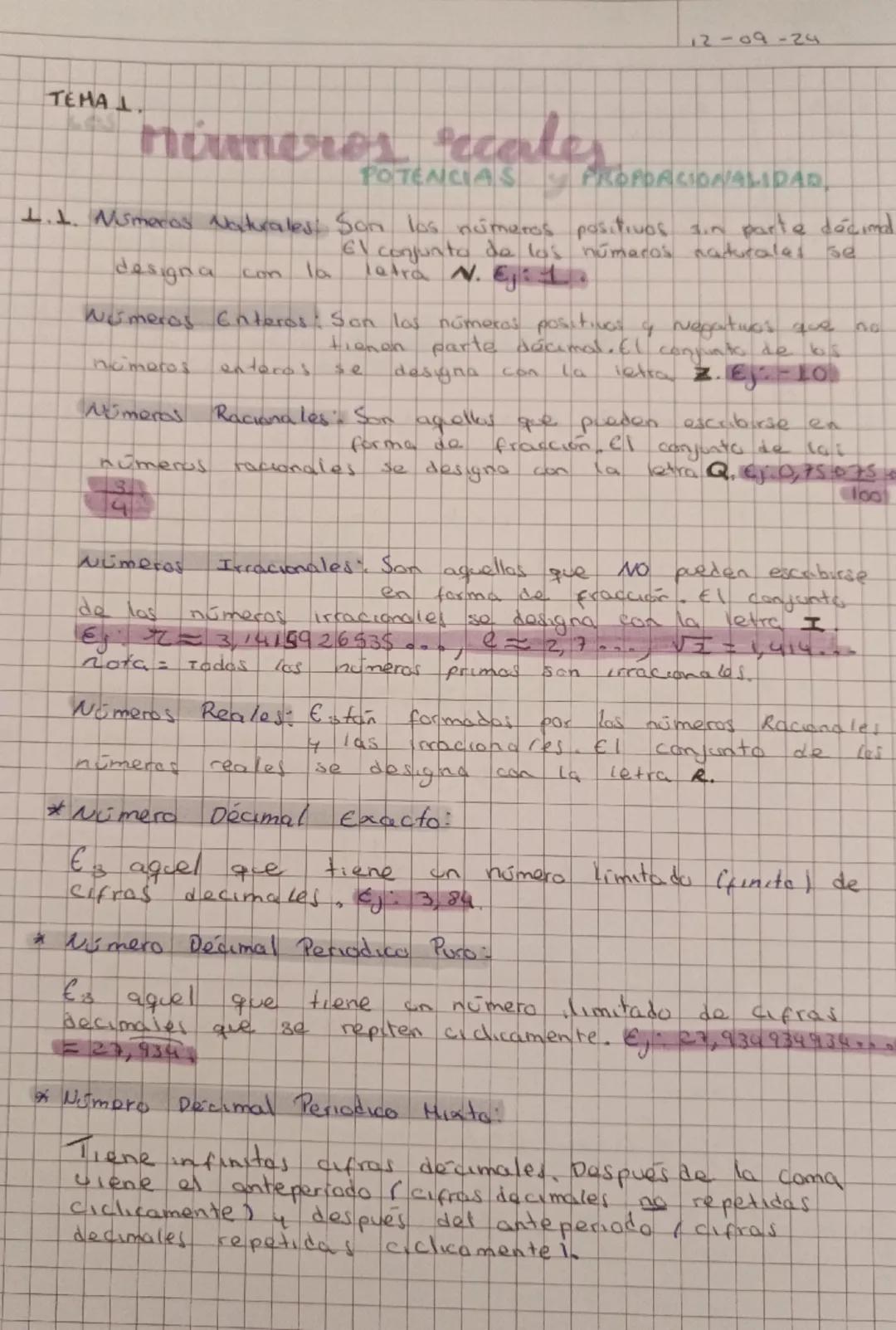 12-09-24
TEMA L.
números recales DACIONALIDAD,
se
1.1. Msmeras Naturales: Son los números positivos sin parte décimal
El conjunto de los núm