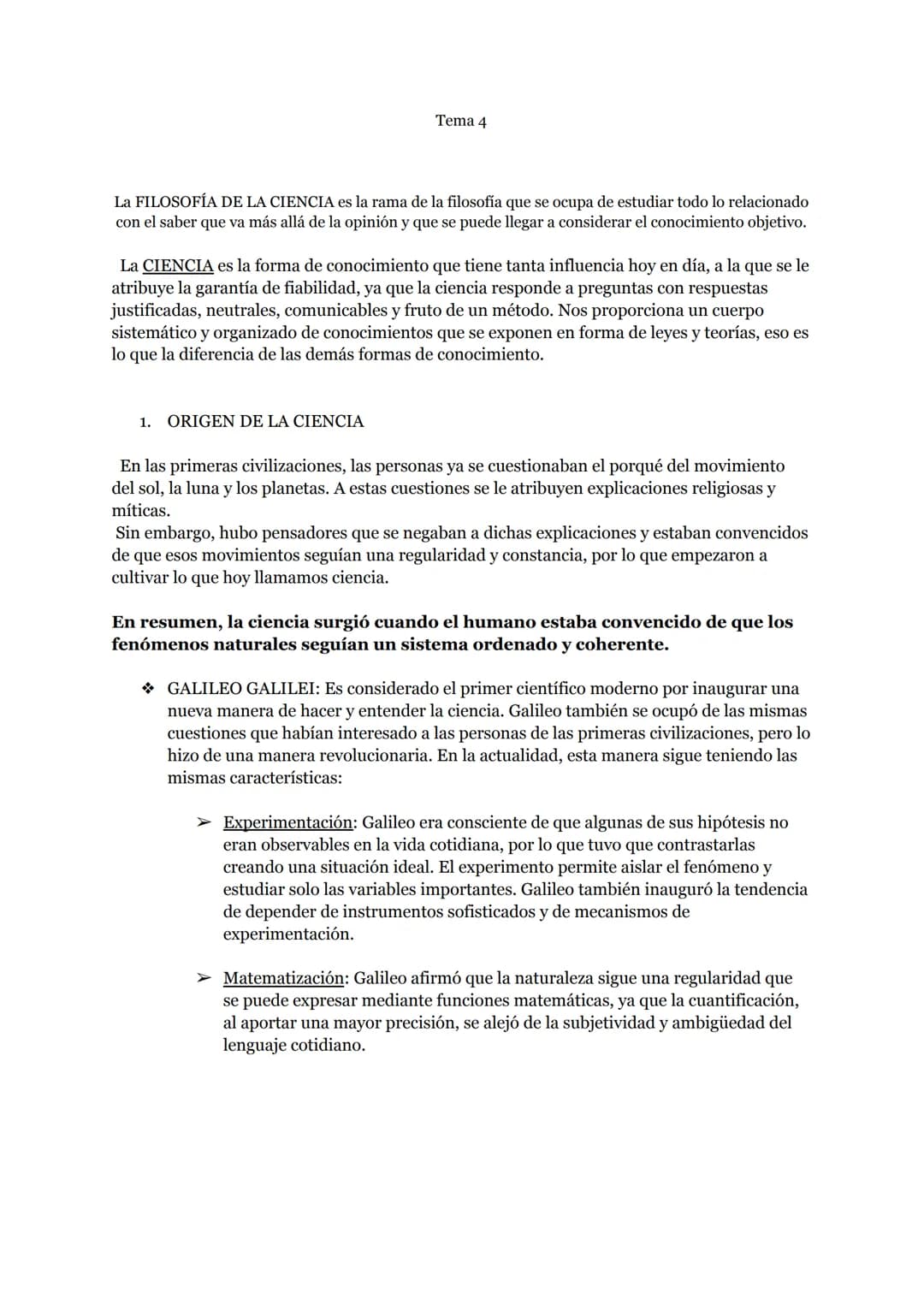 Tema 4
La FILOSOFÍA DE LA CIENCIA es la rama de la filosofía que se ocupa de estudiar todo lo relacionado
con el saber que va más allá de la
