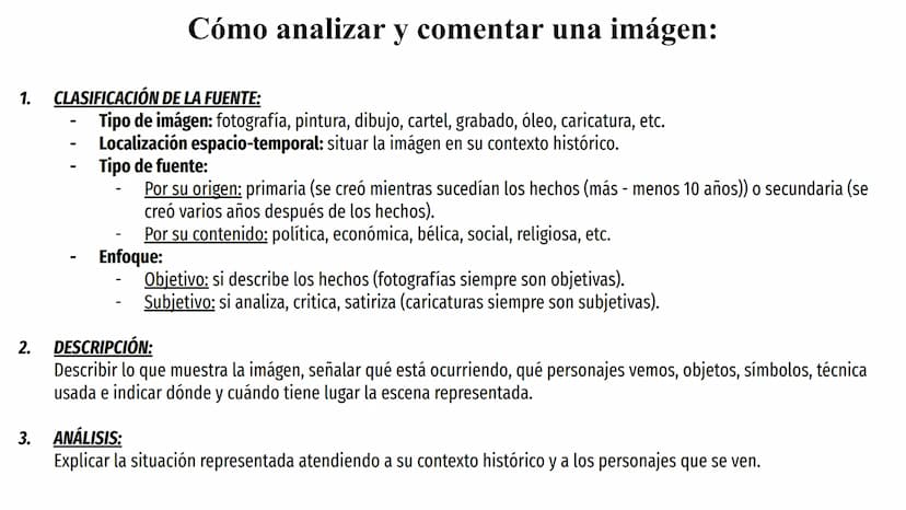 FUENTES
HISTÓRICAS 2º
BACHILLERATO:
BLOQUE 7 Cómo analizar y comentar una imágen:
1. CLASIFICACIÓN DE LA FUENTE:
Tipo de imágen: fotografía,
