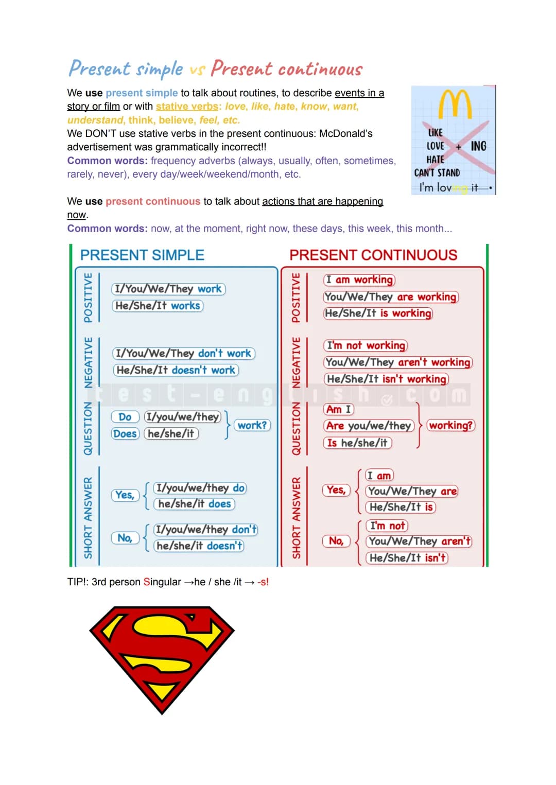 Present simple vs Present continuous
We use present simple to talk about routines, to describe events in a
story or film or with stative ver
