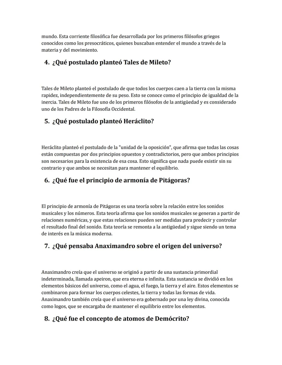 Ejercicio Presocráticos
0. ¿Quién fue el primer filósofo presocrático conocido?
El primer filósofo presocrático conocido fue Tales de Mileto