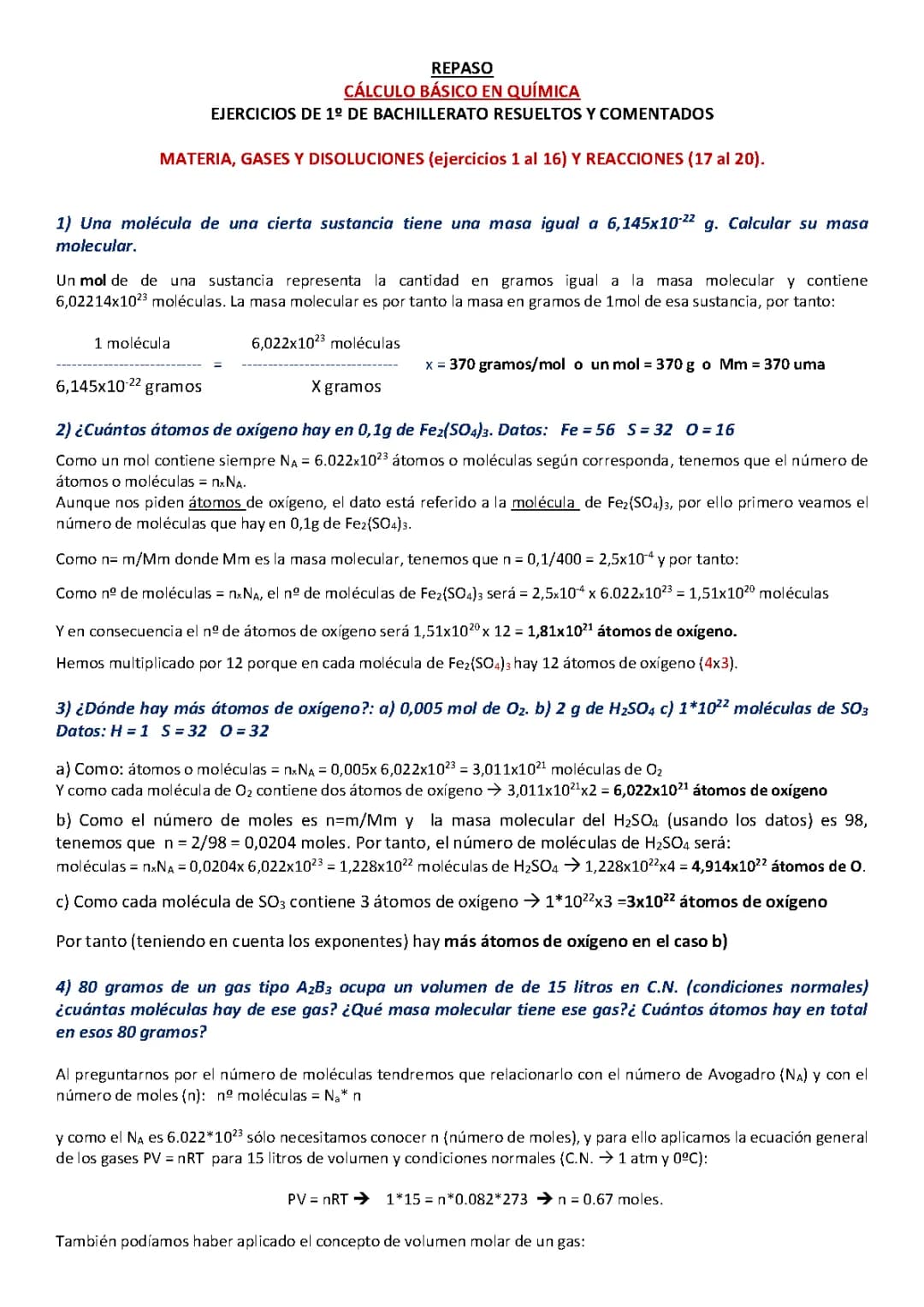 Ejercicios Resueltos de Cálculo Básico en Química para Bachillerato
