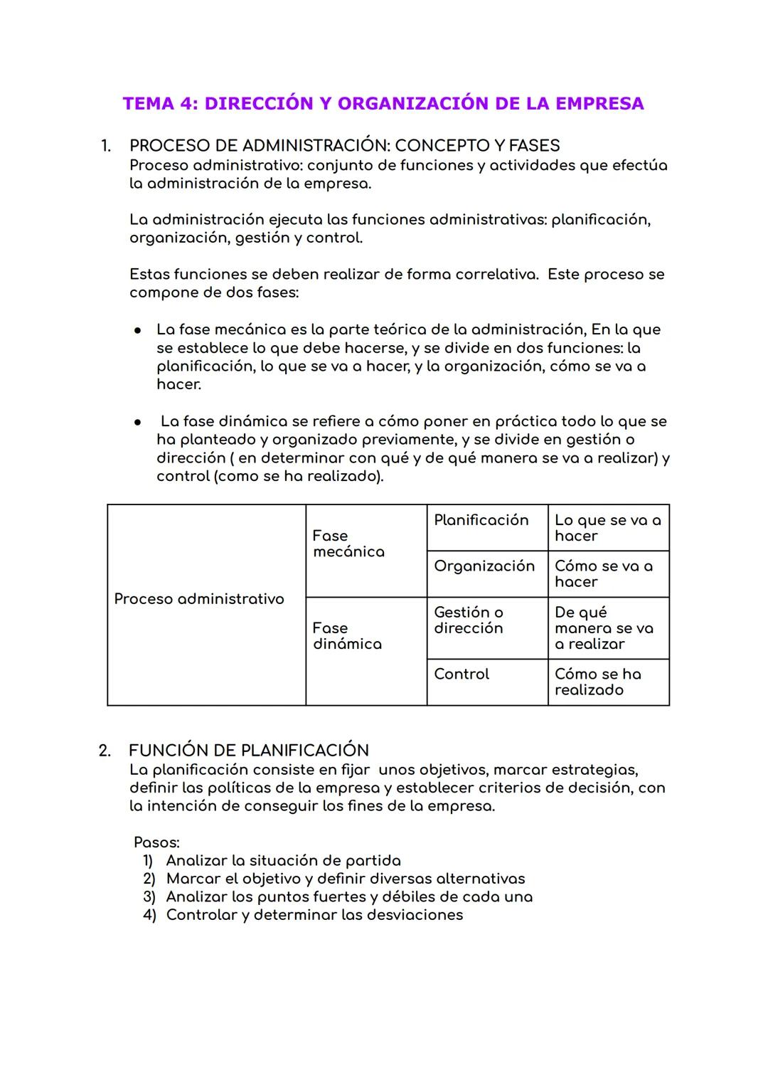 1.
TEMA 4: DIRECCIÓN Y ORGANIZACIÓN DE LA EMPRESA
PROCESO DE ADMINISTRACIÓN: CONCEPTO Y FASES
Proceso administrativo: conjunto de funciones 