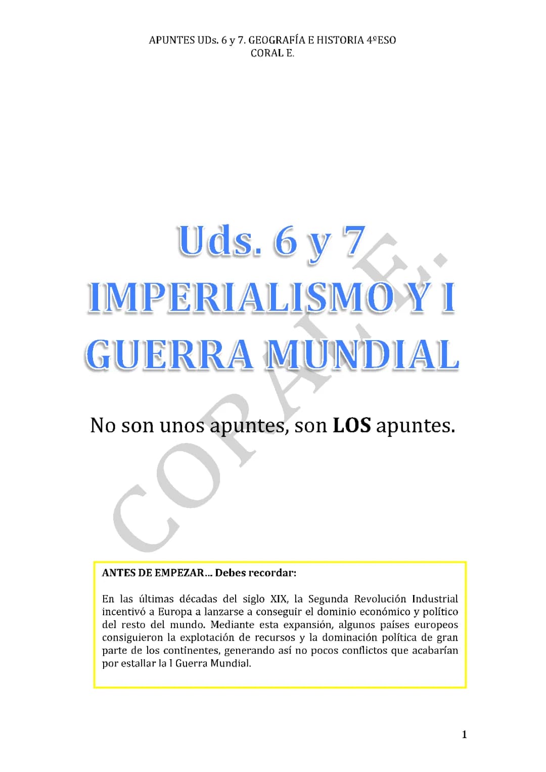 Apuntes 4 ESO: Imperialismo y Primera Guerra Mundial PDF