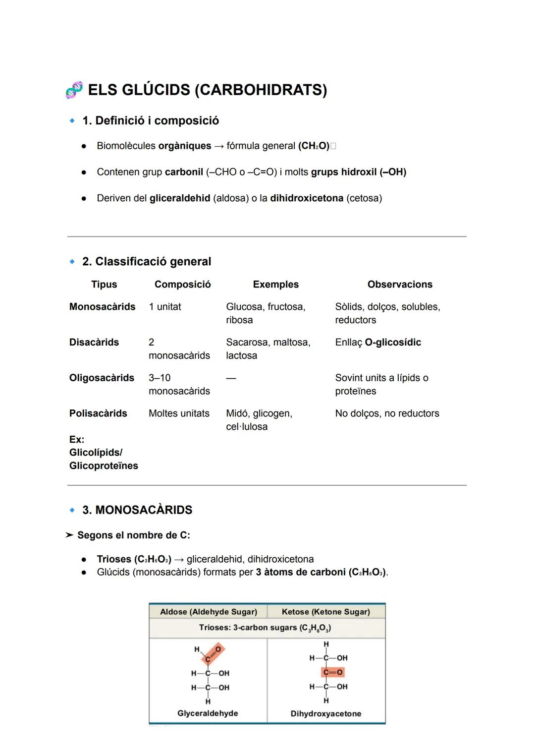 # ELS GLÚCIDS (CARBOHIDRATS)

*   1. Definició i composició

*   Biomolècules orgàniques fórmula general (CH₂O)

*   Contenen grup carbonil 