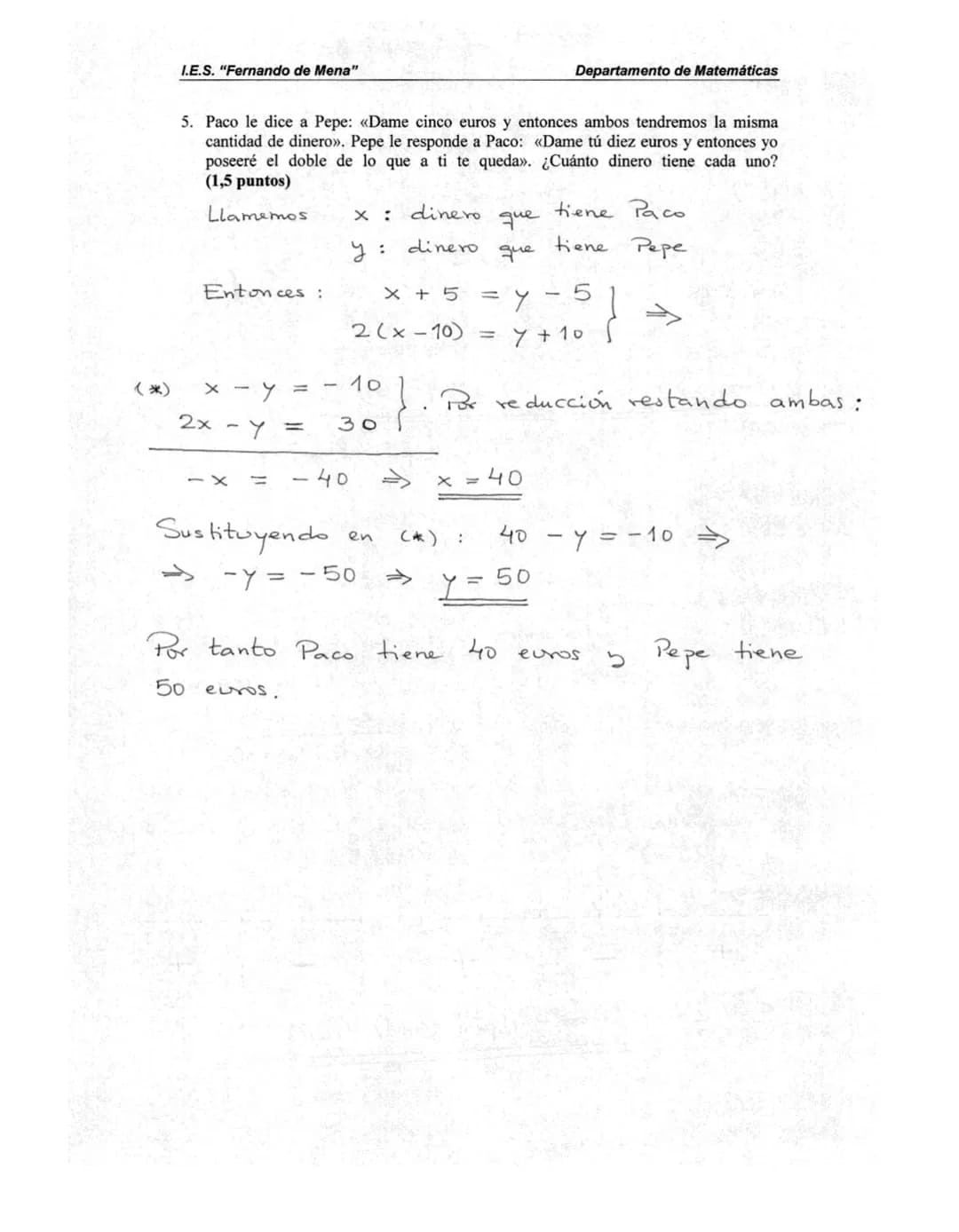 I.E.S. "Fernando de Mena"
Examen de Matemáticas I
Apellidos:
Nombre:
b)
X =
1. Resuelve las siguientes ecuaciones: (3 puntos, 1 por apartado