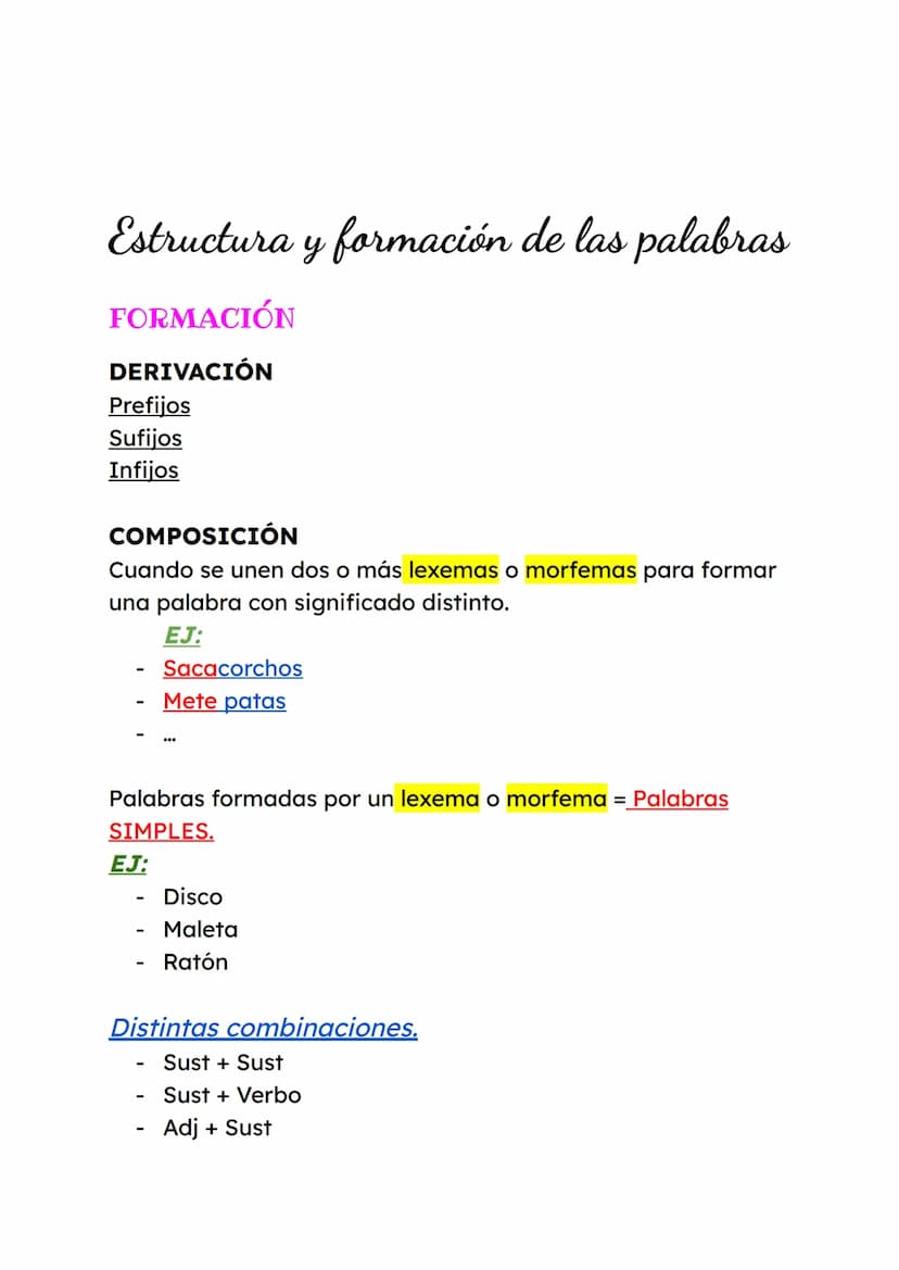 Estructura y formación de las
palabras
ESTRUCTURA
Lexemas: Contiene el significado léxico de las palabras.
(diccionario)
→ Sustantivos, adje