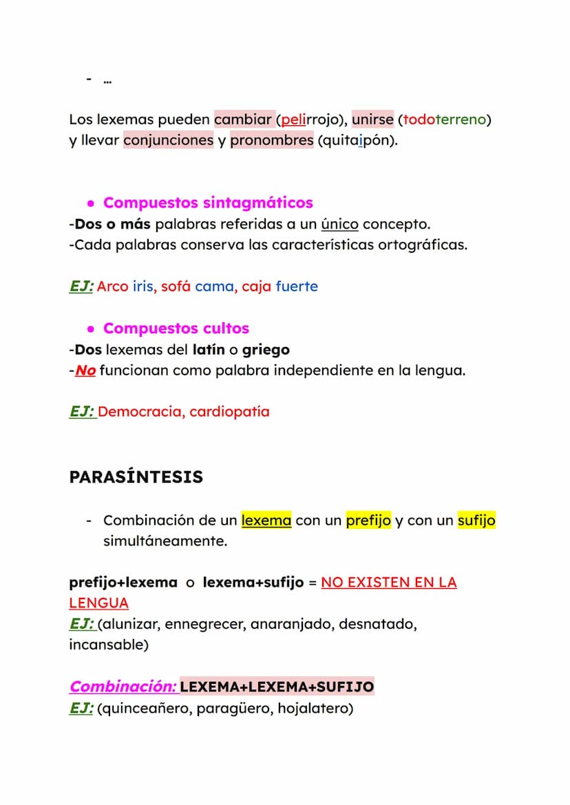 Estructura y formación de las
palabras
ESTRUCTURA
Lexemas: Contiene el significado léxico de las palabras.
(diccionario)
→ Sustantivos, adje