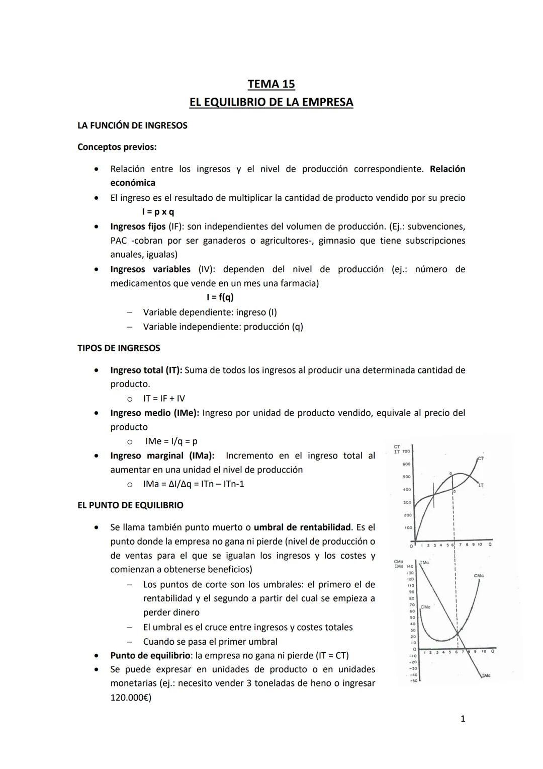 # TEMA 15
## EL EQUILIBRIO DE LA EMPRESA

LA FUNCIÓN DE INGRESOS

Conceptos previos:

*   Relación entre los ingresos y el nivel de producci