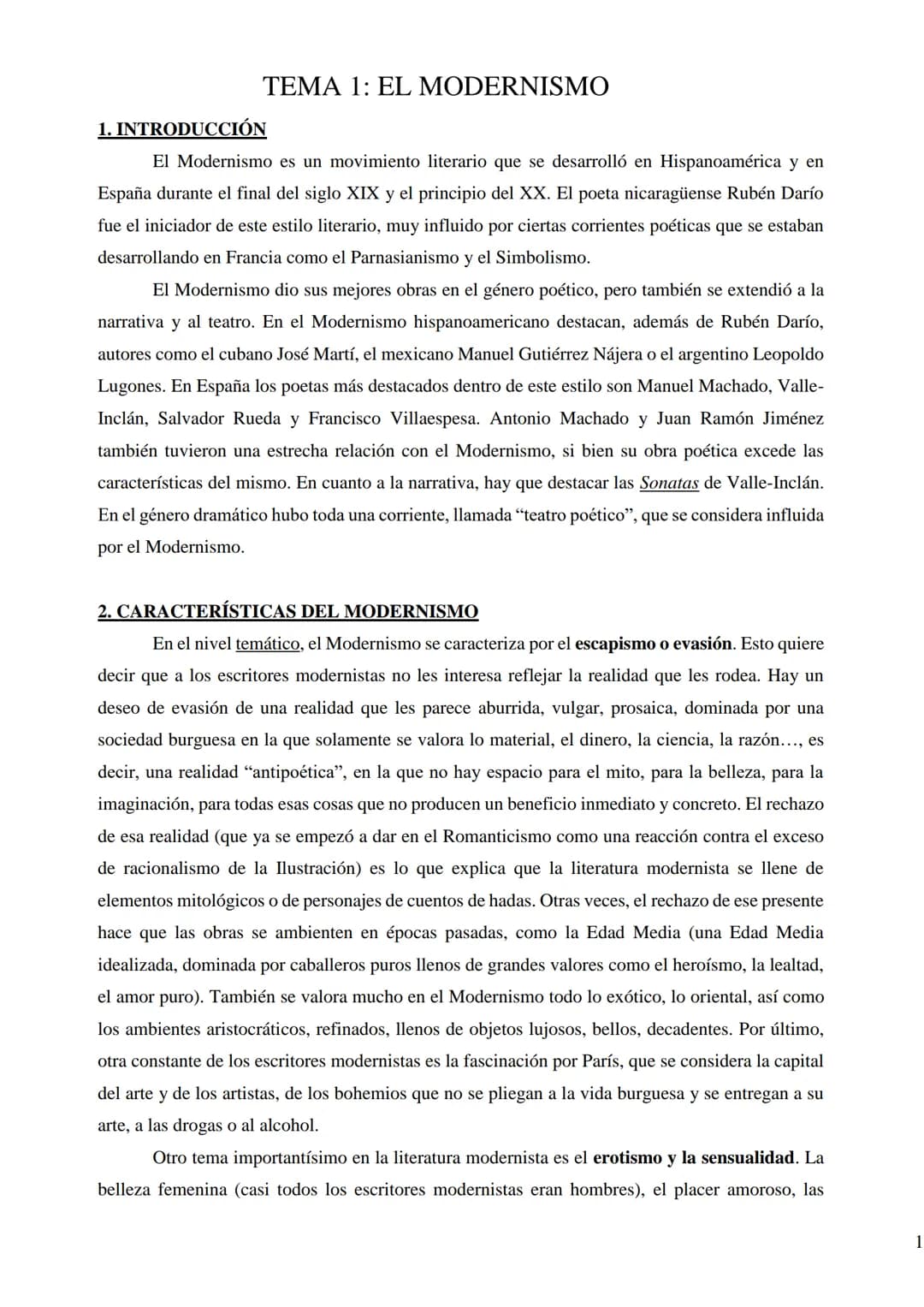 TEMA 1: EL MODERNISMO
1. INTRODUCCIÓN
El Modernismo es un movimiento literario que se desarrolló en Hispanoamérica y en
España durante el fi