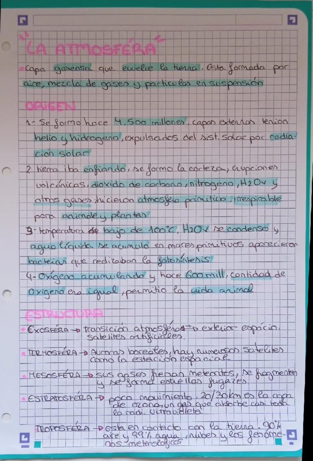 # LA ATMOSFÉRA
- Capa gaseosa que evvelie la tierra. Esta formada por
aire, mezcla de gases y particulos en suspensión

# ORIGEN
1- Se formo