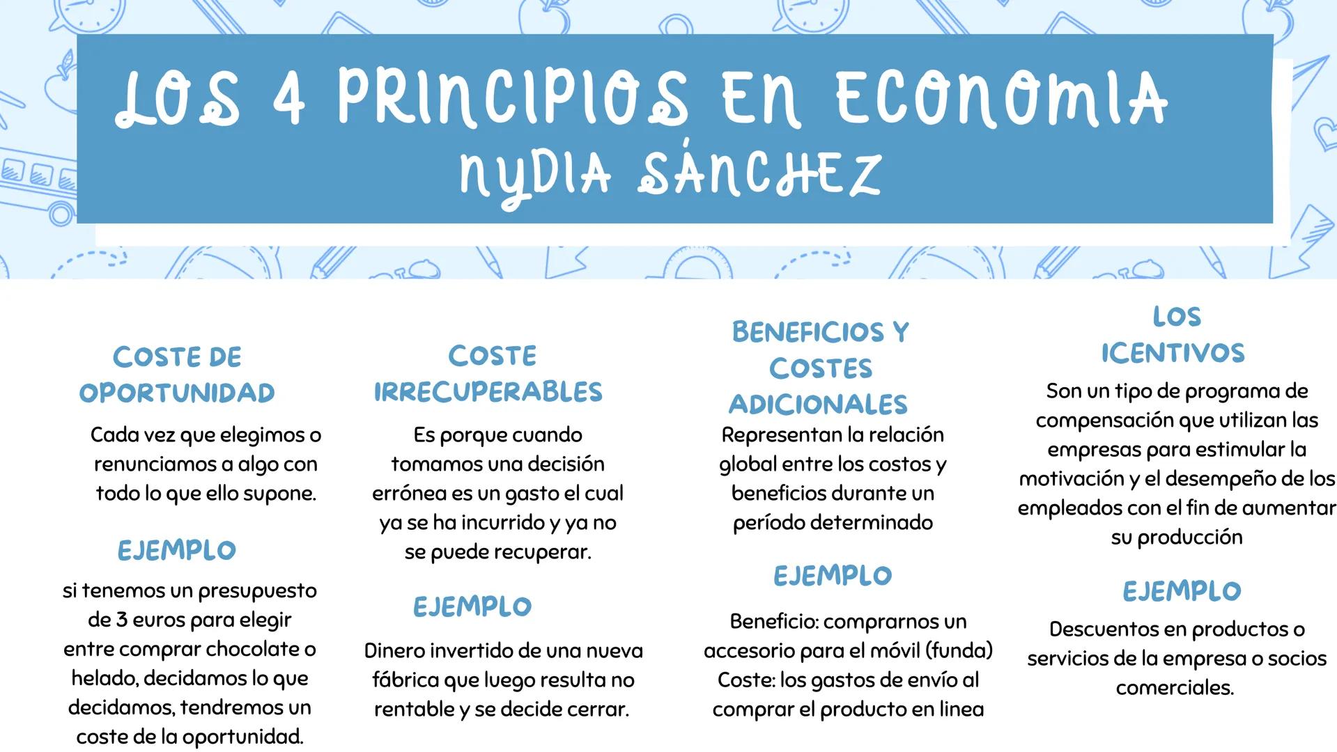 LOS 4 PRINCIPIOS EN ECONOMIA
NYDIA SÁNCHEZ
COSTE DE
OPORTUNIDAD
Cada vez que elegimos o
renunciamos a algo con
todo lo que ello supone.
EJEM