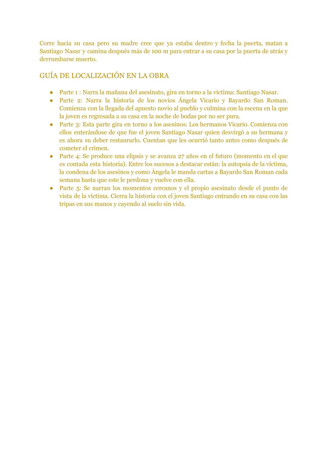 # "CRÓNICAS DE UNA MUERTE ANUNCIADA"
de Gabriel García Márquez

PUNTOS CLAVE DE LA OBRA
Santiago Nasar se viste, desayuna, sale de su casa a