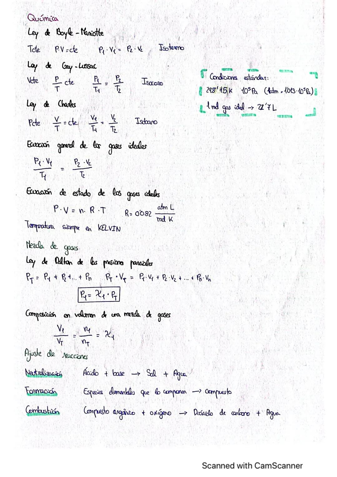 Química

Ley de Boyle-Mariotte

Tote P.V=cte $P_1 \cdot V_1 = P_2 \cdot V_2$ Isotermo

Lay de Gay-Lussac

Vete $\frac{P}{T}$ cte $\frac{P_1}