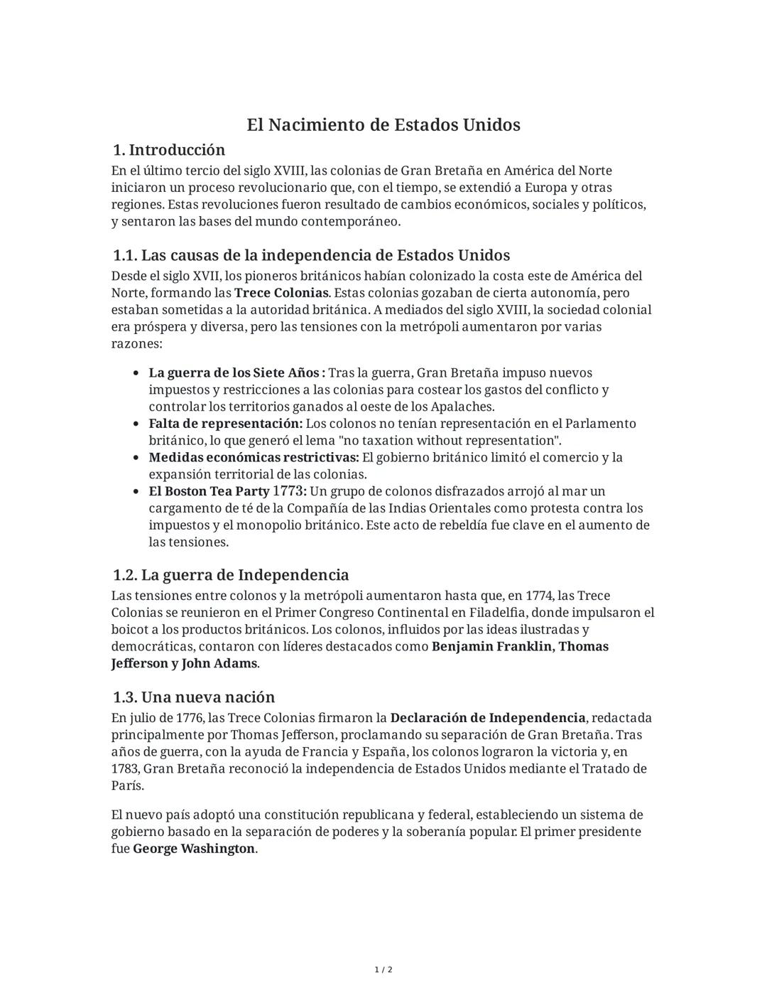# El Nacimiento de Estados Unidos

1. Introducción
En el último tercio del siglo XVIII, las colonias de Gran Bretaña en América del Norte
in