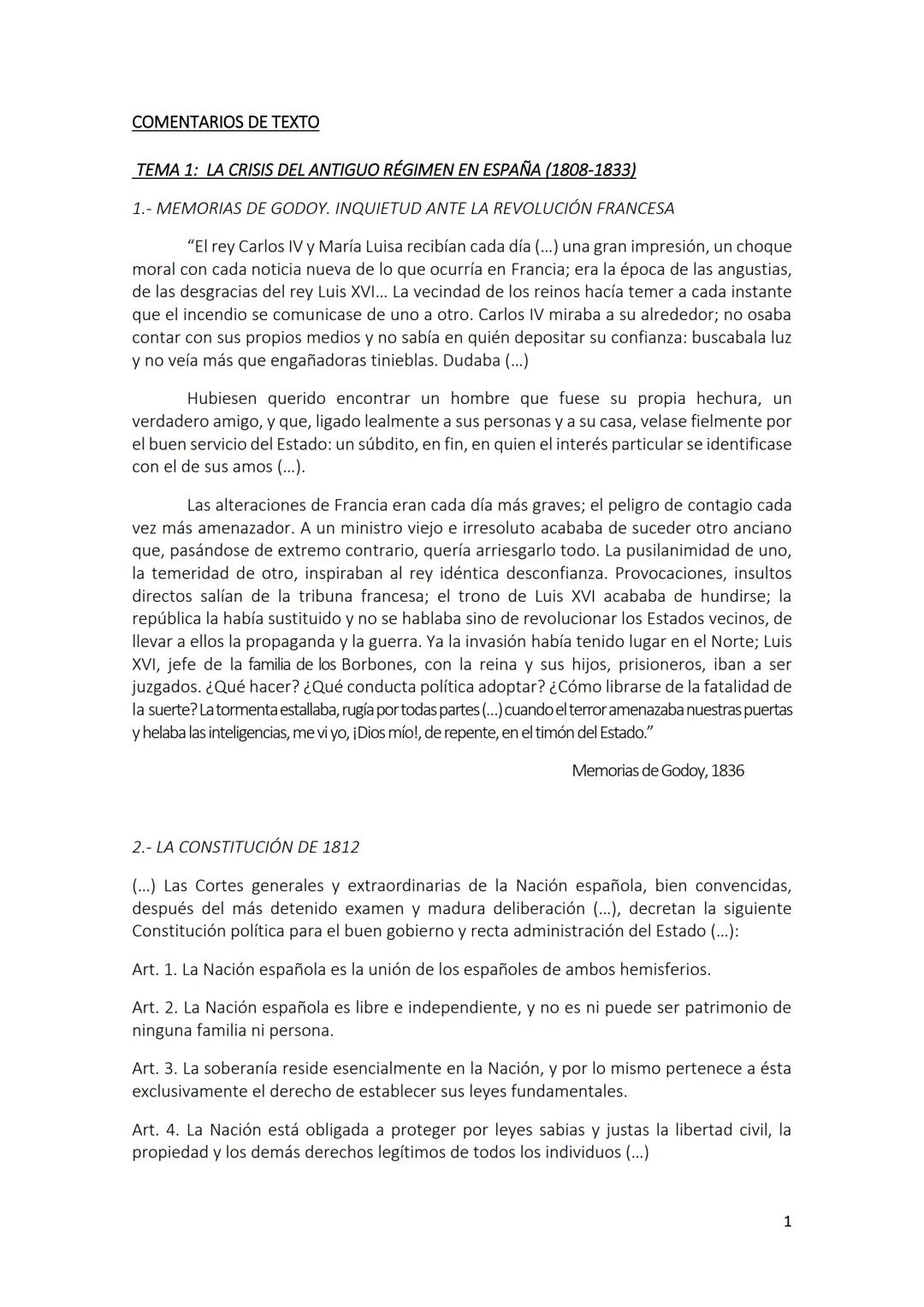 COMENTARIOS DE TEXTO
TEMA 1: LA CRISIS DEL ANTIGUO RÉGIMEN EN ESPAÑA (1808-1833)
1.- MEMORIAS DE GODOY. INQUIETUD ANTE LA REVOLUCIÓN FRANCES